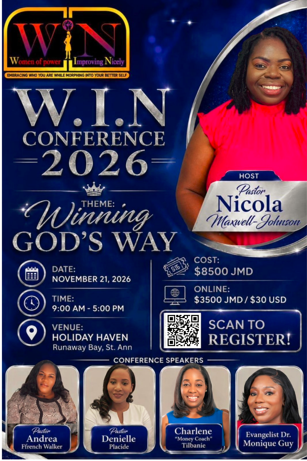 W.I.N. Conference 2026: Winning God’s Way, hosted by Pastor Nicola Maxwell-Johnson, 21 November, 9 am–5 pm at Holiday Haven, Runaway Bay, Jamaica.